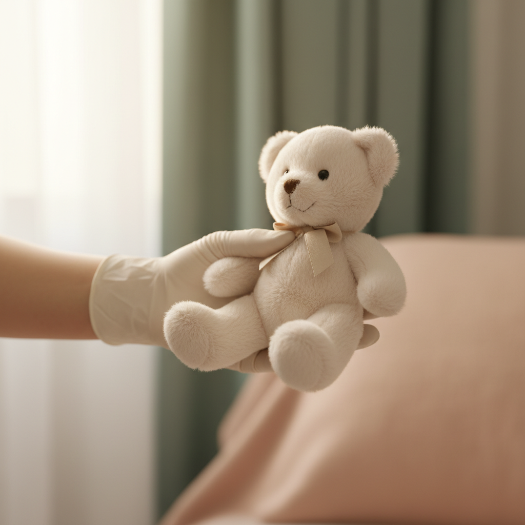 Sanfte Kinderintensivpflege – eine Hand hält ein Kuscheltier